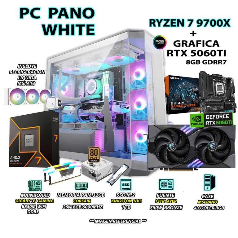 Computadora PC GAMER RYZEN 7 9700X RAM 32GB DDR5 SSD 1TB GRAFICA RTX 5060TI 8GB