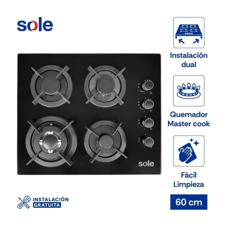 Cocina Encimera Vidrio Templado 60cm 4 hornillas Black SOLCO068