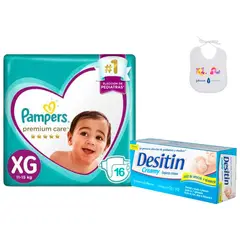 JOHNSONS - Pañales Pampers Premium Care XG 16 + Crema Desitin 57 gr
