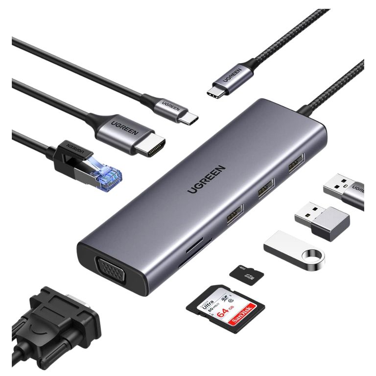 Adaptador HUB Type C 9 En 1, HDMI 4K VGA RJ45 Lector Memoria USB para MacBook Laptop - 15600