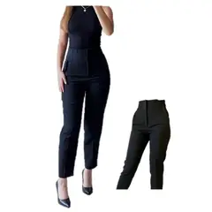 GENERICO - PANTALON DE VESTIR TIRO ALTO CON PINZAS COLOR NEGRO