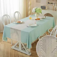 PUREPOWER - Mantel Vintage Crochet Calado Flecos Lino para Bodas Hogar 140x220cm