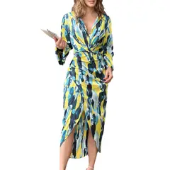 GENERICO - Vestido Midi Estampado De Manga Larga Con Cintura Fruncida - Vestido Lucia