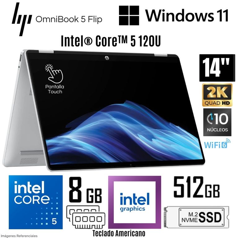 Laptop OmniBook 5 Flip 14-FP0013DX Intel Core 5 120U 8GB RAM 512GB SSD 14" 2K Touch - Silver