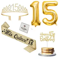 GENERICO - CORONA PARA CUMPLEAÑOS ( CORONA + BANDA + GLOBOS DORADOS 15 + TOPPERS)