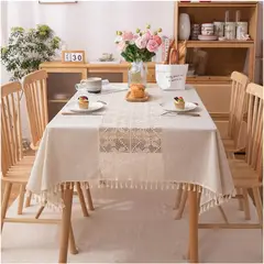 PUREPOWER - Mantel Vintage Crochet Calado Flecos Lino para Bodas Hogar 140x220cm