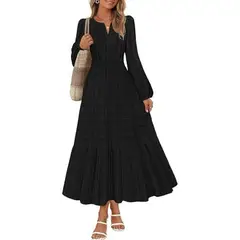 TIOZONEY - Vestido largo de manga larga para mujer-Negro