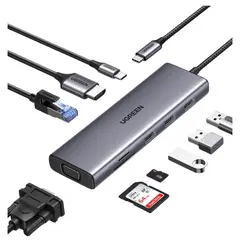 UGREEN - Adaptador HUB Type C 9 En 1, HDMI 4K VGA RJ45 Lector Memoria USB para MacBook Laptop - 15600
