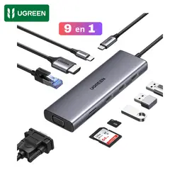 UGREEN - Adaptador HUB Type C 9 En 1, HDMI 4K VGA RJ45 Lector Memoria USB para MacBook Laptop - 15600