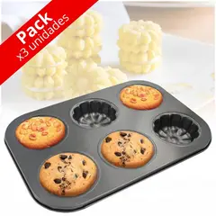 MINARI - Pack x3 Molde Antiadherente 06 Muffins Galletas Cupcakes Flor J33
