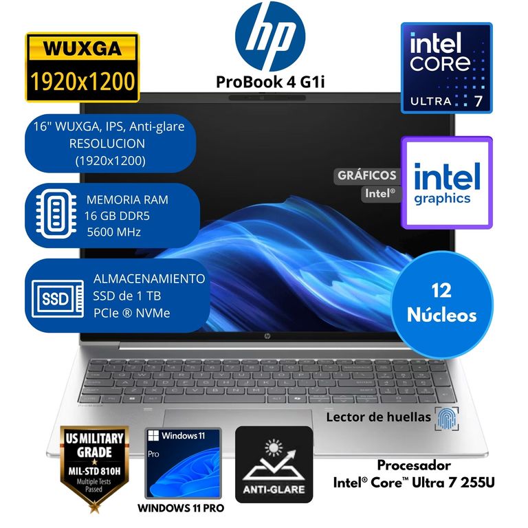 Laptop ProBook 4 Intel Core Ultra 7 RAM 16 GB SSD 1 TB 16"WUXGA Windows 11 PRO