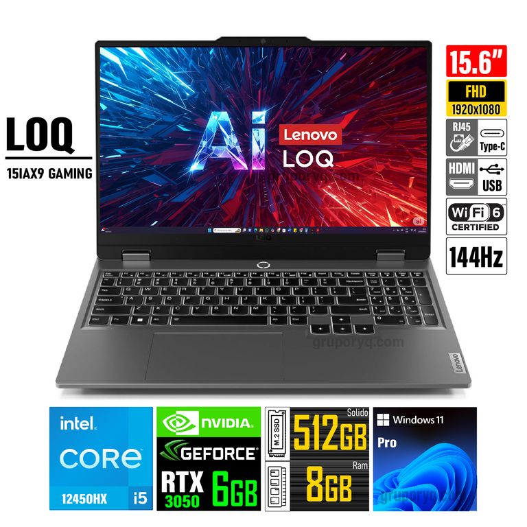 Laptop LOQ 15IAX9 GAMING Core i5-12450HX 8GB 512GB 15.6" FHD RTX 3050 6GB