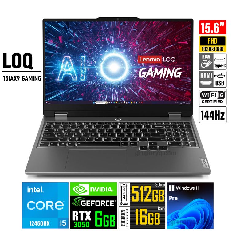 Laptop LOQ 15IAX9 GAMING Core i5-12450HX 16GB 512GB 15.6" FHD RTX 3050 6GB