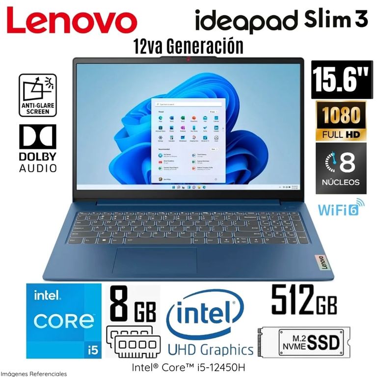 Laptop IdeaPad Slim 3 15.6" FHD Core i5-12450H 12va Gen - 8GB RAM - 512GB SSD - Windows 11 Pro