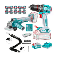 TOTAL TOOLS - TALADRO PERCUTOR 96NM BRUSHLESS+AMOLADORA 20V+ACS+EXTENSION