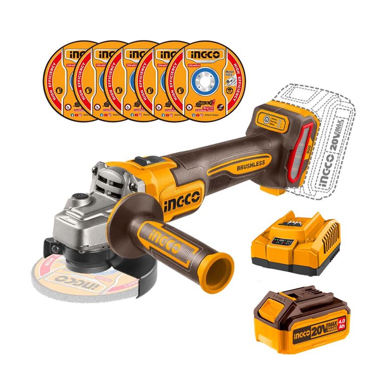 AMOLADORA BRUSHLESS INGCO 20V 900W 4 1/2'' + BATERÍA 4.0AH