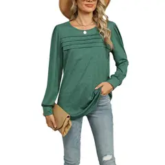 GIOIO - Camiseta Liso Escote U Pliegues Manga Larga Figura Esbelta​