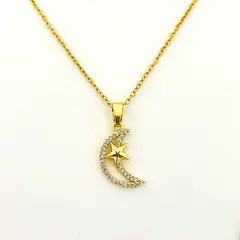 GENERICO - Collar de Acero Luna y Estrella Cristales 43 cm