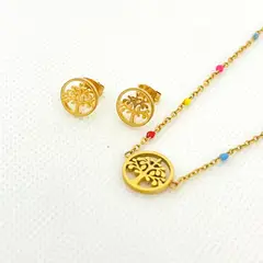 GENERICO - Set Collar y Aretes de Acero Inoxidable Árbol de la Vida Cadena 43 cm