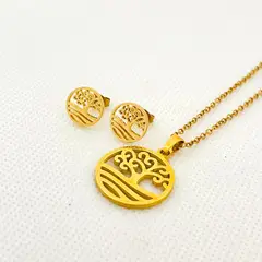 GENERICO - Set Collar y Aretes de Acero Árbol de la Vida Circular Cadena 43 cm
