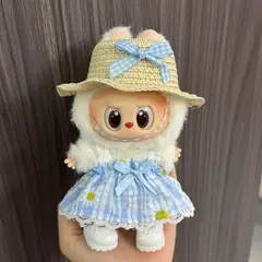 POP MART - Ropa Labubu Vestido Celeste Floreado Sombrero Paja