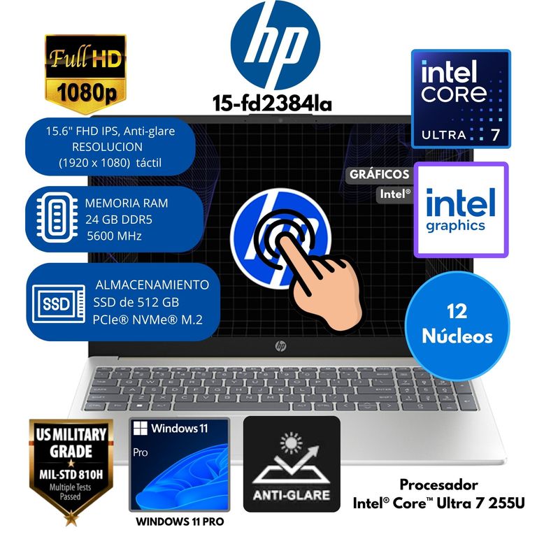 Laptop 15-fd2384la Intel Core Ultra 7 255U RAM 24 GB SSD 512 GB 15.6" FHD táctil Windows 11