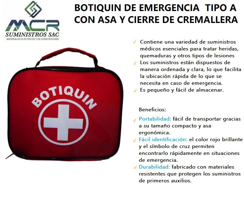 BOTIQUIN DE PRIMEROS AUXILIOS TIPO A CON ASA Y CIERRE DE CREMALLERA