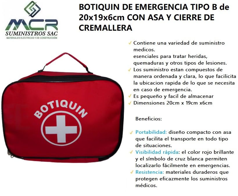BOTIQUIN DE PRIMEROS AUXILIOS TIPO B CON ASA Y CIERRE DE CREMALLERA