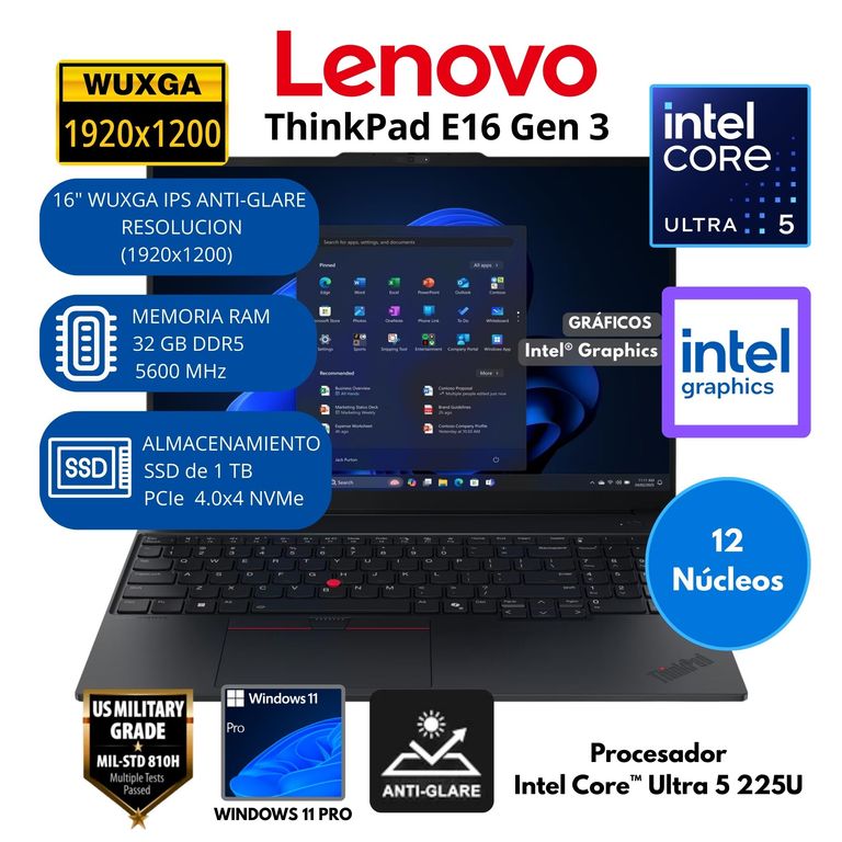 Laptop ThinkPad Intel Core Ultra 5 (E16 Gen 3) RAM 32 GB SSD 1 TB 16"WUXGA Windows 11 PRO