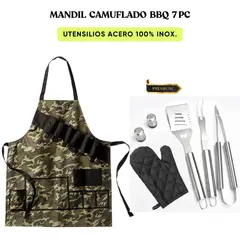 GENERICO - Set Parrillero Camuflado Mandil BBQ 7pc Utensilios en Acero