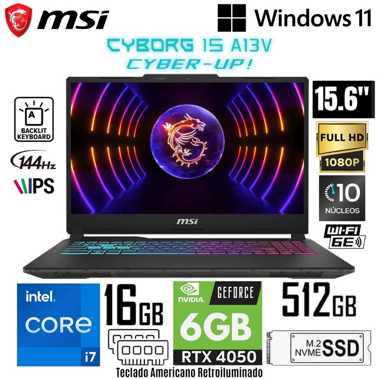 Laptop Cyborg 15 A13VE Intel Core i7-13620H 16GB RAM 512GB SSD RTX 4050-6GB 15.6" FHD 144HZ