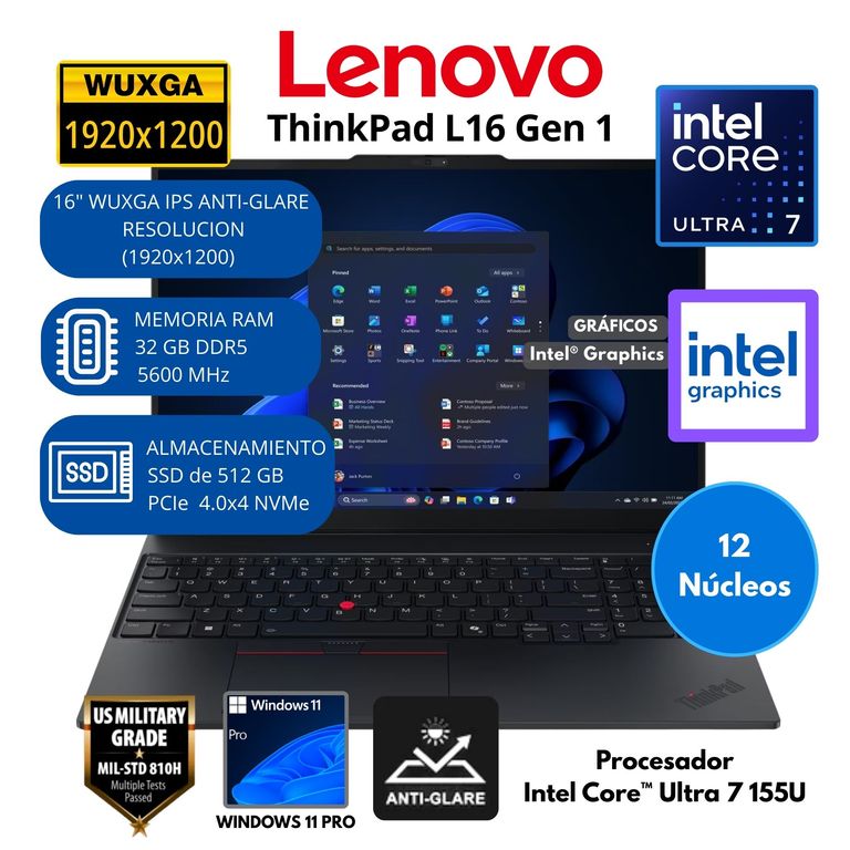 Laptop ThinkPad Intel Core Ultra 7 (L16 Gen 1) RAM 32 GB SSD 512 GB 16"WUXGA Windows 11 PRO