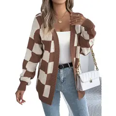 TIOZONEY - Cardigan a cuadros con bloques de color