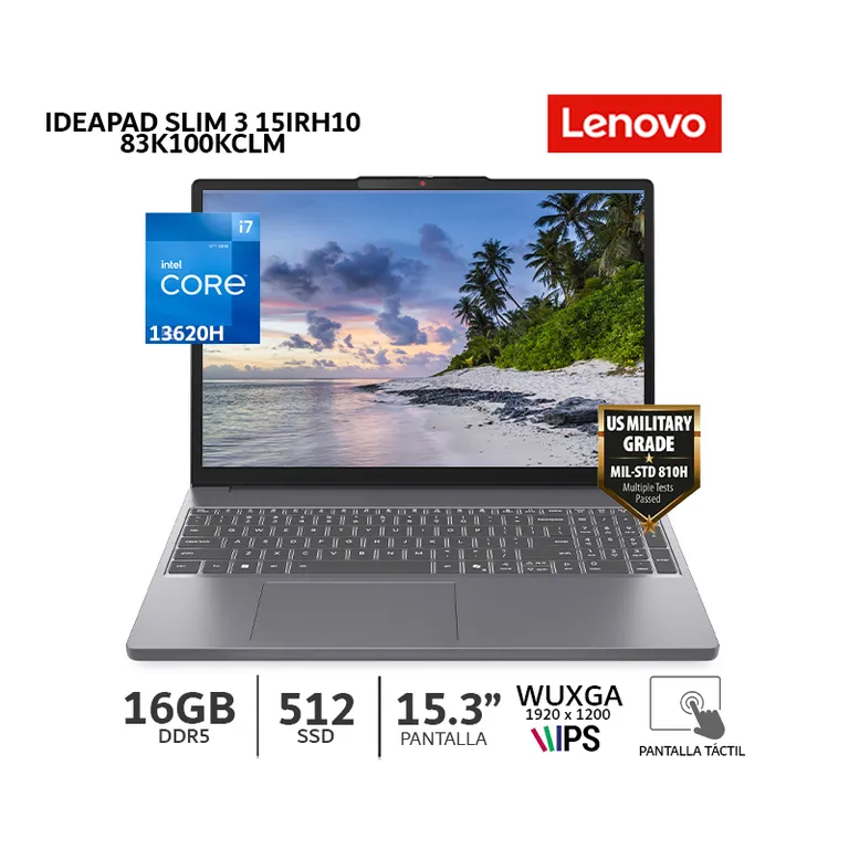 Laptop IdeaPad Slim 3 15IRH10 Core I7-13620H, 15.3"/ 16Gb Ram/ 512Gb SSD/ Tactil /83K100KCLM