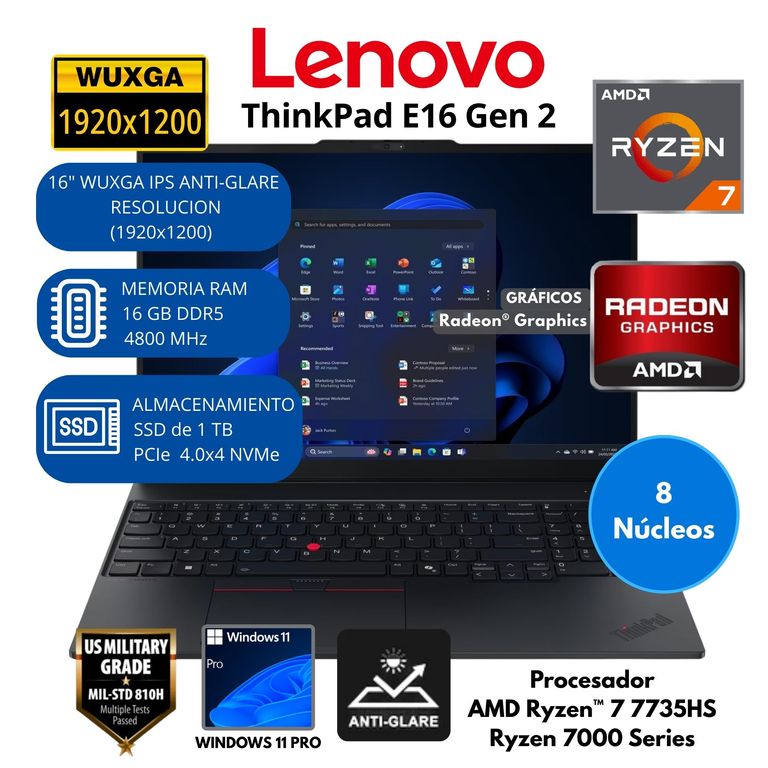 Laptop ThinkPad AMD Ryzen 7 (E16 Gen 2) RAM 16 GB SSD 1 TB 16"WUXGA Windows 11 PRO