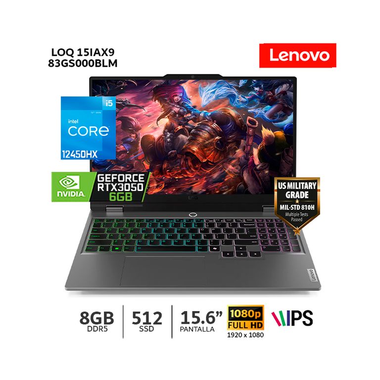 Laptop LOQ 15IAX9 Core i5-12450HX 8Gb Ram 512Gb SSD 156 FHD RTX3050-6Gb-WIN11-83GS000BLM