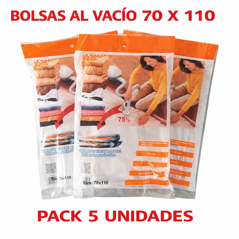 BOLSAS AL VACIO ALMACENAMIENTO VIAJES ROPA FRAZADAS COLCHAS 70x110CM CON VÁLVULA PACK X5