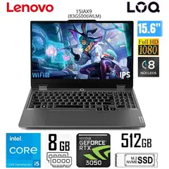 LENOVO - Laptop Gamer LOQ 15IAX9 Intel Core i5-12450HX 8GB RAM 512GB SSD 15.6" FHD RTX 3050 83GS006WLM