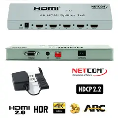 NETCOM - Splitter HDMI 1x4 Metalico 2.0 4K 60Hz 4 pantallas Ultra HD RS232
