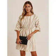 GENERICO - Vestido coctel rayas beige y blanco