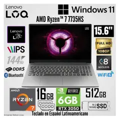 LENOVO - Laptop LOQ 15ARP10E AMD Ryzen 7 7735HS 16GB RAM 512GB SSD RTX 3050-6GB 15.6" FHD 144Hz