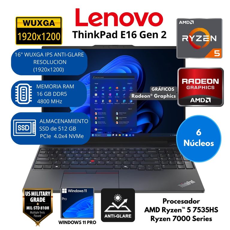 Laptop ThinkPad AMD Ryzen 5 (E16 Gen 2) RAM 16 GB SSD 512 GB 16"WUXGA Windows 11 PRO