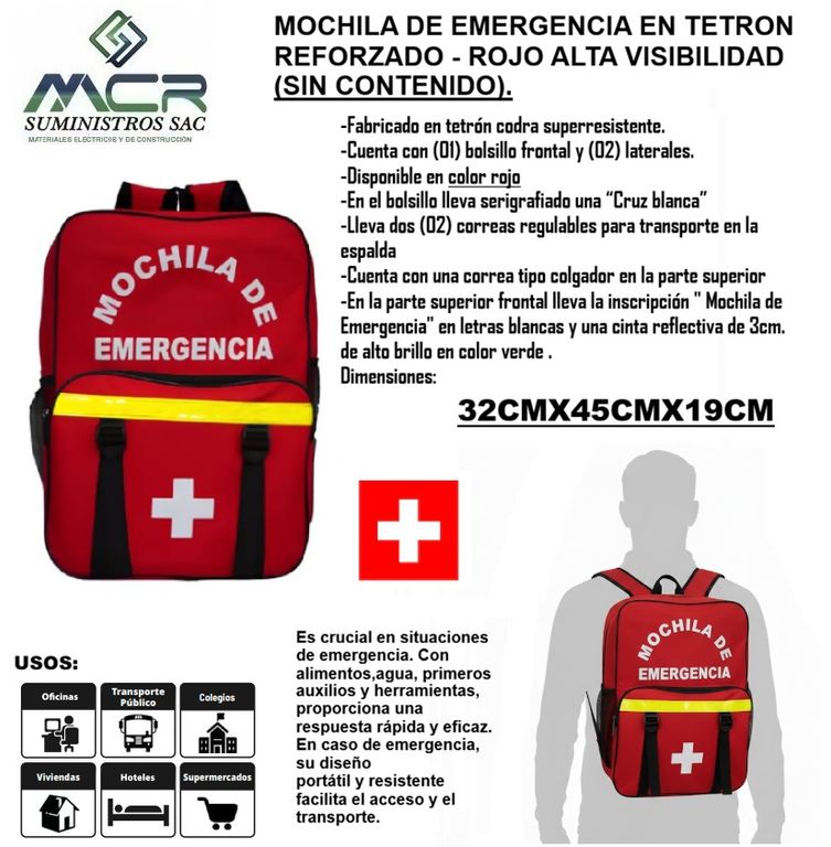 MOCHILA DE EMERGENCIA EN TETRON REFORZADO ROJO ALTA VISIVILIDAD SIN CONTENIDO