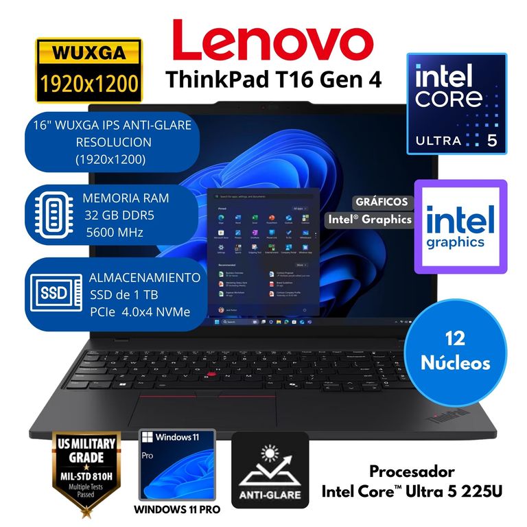 Laptop ThinkPad Intel Core Ultra 5 (T16 Gen 4) RAM 32 GB SSD 1 TB 16"WUXGA Windows 11 PRO