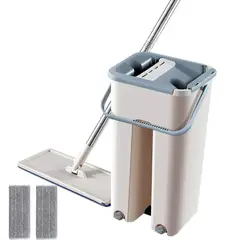 GENERICO - Trapeador Plano Escurridor Balde + 2 Mopas Microfibra Beige