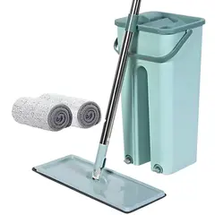 GENERICO - Trapeador Plano Escurridor Balde + 2 Mopas Microfibra Verde