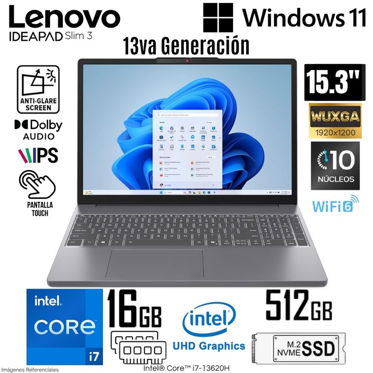 Laptop IdeaPad Slim 3 Intel Core i7-13620H 16GB RAM 512GB SSD 15.3" WUXGA Touch - 83K100KCLM