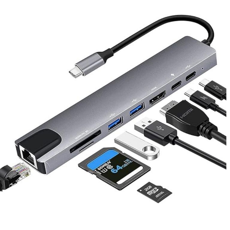Adaptador Hub 8 En 1 Tipo C 3.1 Hdmi Ethernet Usb 3.0 Sf Tf 4k