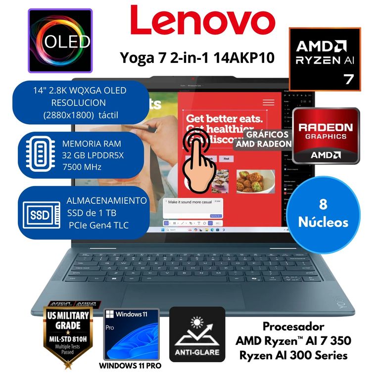 Laptop Yoga 7 2-en-1 AMD Ryzen AI 7 (14AKP10) RAM 32 GB SSD 1TB GB 14"OLED Windows 11 PRO