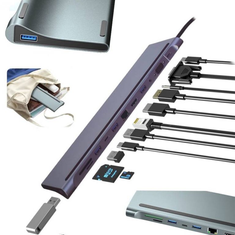 Adaptador Hub 3.1 Tipo C 12 en 1 Multipuertos HDMI VGA RJ45 Usb 3.0